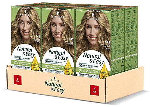 Schwarzkopf, Natural & Easy Permanente Haarfarbe, pflegend, mit Olivenöl und Lavendelextrakt, Abdeckung für weißes Haar, Farbton 542 Naturaschblond, 6 Stück