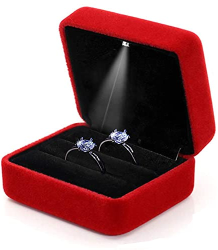 GBYAN Ringschachtel Ring Box mit Led Licht 2 Steckplätze Ringetui Samt Schmuck Geschenkbox für Hochzeit, Engagement