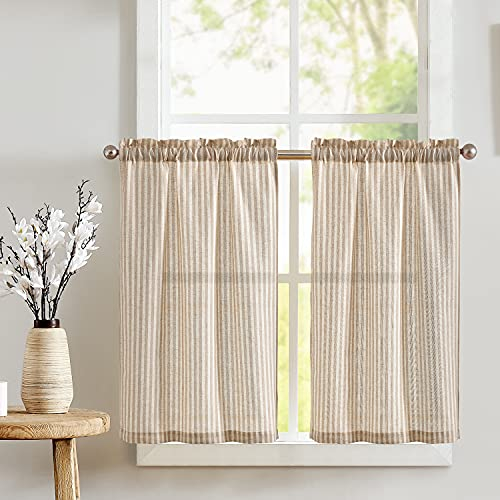 TOPICK 2er Set H 90 x B 65 (cm) Gestreifte Scheibengardinen modern Leinen Gardinen mit Streifen Küchenvorhang Blickdicht Kurz Küchengardinen für Küchen lichtdurchlässig Klein Fenster Braun auf Beige