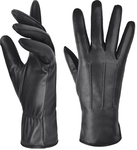 Harssidanzar Women Leather Glove,Winter Warm Cashmere Lining Touchscreen Texting Warm Driving Lambskin Leather Gloves GL017,Black,Size M