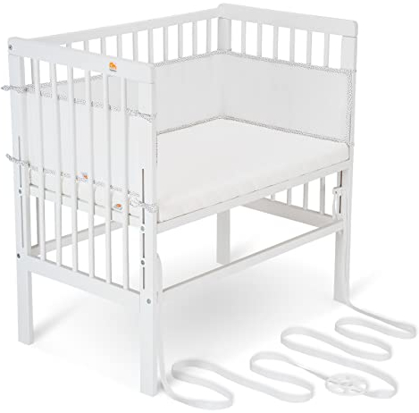 FabiMax Baby Beistellbett für Boxspringbetten, stufenlos höhenverstellbar, Buchenholz massiv weiß lackiert (mit Matratze Comfort, Weiß/Punkteband)