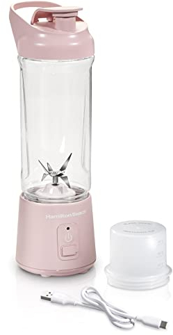 Hamilton Beach Mini Cordless Portable Personal Blender for Shakes and Smoothies, USB Rechargeable, 16 oz. Jar with Leakproof Travel Lid, 6 Stainless Steel Blades, Pink (51181)