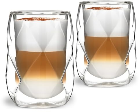 Vialli Design Set 2 x Thermogläser Doppelwandig 350 ml, Gläser für Latte Macchiato, Cappuccino, Geo Kollektion, Latte Tassen, Kaffeetassen, Kaffeegläser, Hitzebeständiges Glas, Transparente