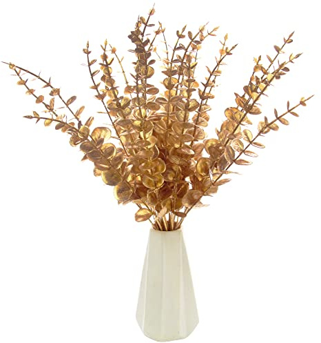 Tinsow 26pcs Artificial Eucalyptus Stems Gold Faux Eucalyptuses Branch Real Touch Leaf Wedding Bouquet Minimalist Fall Home Decor