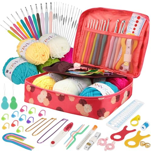 YINVA Häkelset für Anfänger 111 Stück Häkelnadel Set 0.6mm-8mm Ergonomische Häkelnadeln Crochet Set Stricken für Anfänger Set Häkelgarn Tragbaren Tasche Strickzubehör(Rosenrot)