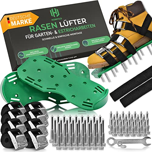 HEIMFELD® Nagelschuhe mit Riemen - Zum Rasen belüften oder als Estrichschuhe - Rasenlüfter Schuhe inkl. kurzen & Langen Nägeln - Hochwertiger Rasenbelüfter als optimaler Rasen Lüfter