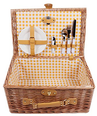 Picknickkorb für 4 Personen, Korbset, wasserdichte Picknickdecke mit waschbarem Futter, Korbbesteck-Servierset Vierer-Rosa kariert (Duo Huang Baige)