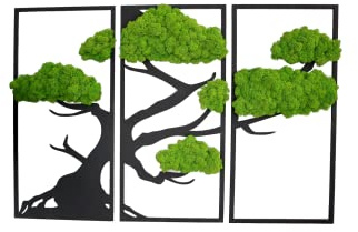 Hello Moss Wanddeko Moosbilder Triptychon in Form Eines Bonsai-Baumes - Schön Aussehender Wand Baum - Wandbild aus Natürlichen Rohstoffen und Deko Moos (braun-mittelgrün, 33,5x70cm)