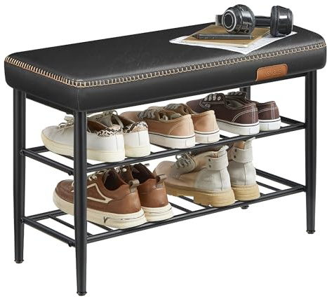 VASAGLE EKHO Collection - Shoe Bench, Storage Bench, Shoe Rack Bench Entryway, Synthetic Leather with Stitching, Mid-Century Modern, Loads 135 kg, 30 x 80 x 50 cm, Ink Black LSB054B02