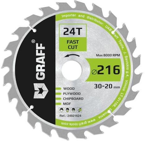 GRAFF Sägeblatt 216x30 mm 24 Zähne ideal für schnelle Schnitte von Weich und Hartholz – Kreissägeblatt 190x30mm kompatibel mit Kappsäge Tischkreissäge & Akku Handkreissäge Makita Dewalt Bosch