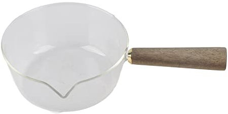 Casseruola, Lattiera in Vetro con Manico in Legno, Pentolino, Pastaiola con Beccuccio a V, Salsiera per Latte, Zuppa, Pasta, Uova, Riso (600 ml)