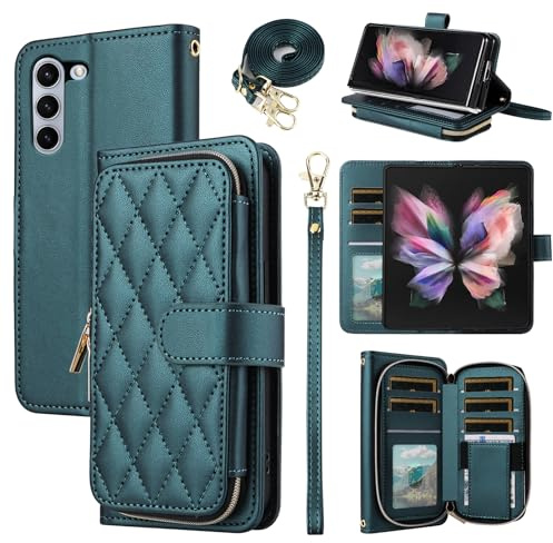 ELISORLI Wallet Case for Samsung Galaxy Z Fold 5 5G 2023 with Wrist Strap,Crossbody Shoulder Strap,9+ Card Slots Zipper Purse,Luxury PU Leather Stand Cell Phone Cover for ZFold5 Z5 G Fold5 5Z Green