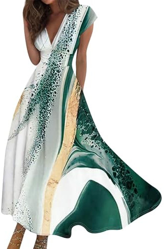 Vasreyy Hippie KleidStrandkleid Damen Lang Musselin Kleid Bunte Marmor Bedrucktes V-Ausschnitt Kurzarm Maxi Kleider Spitze（3XL,Dunkelgrün
