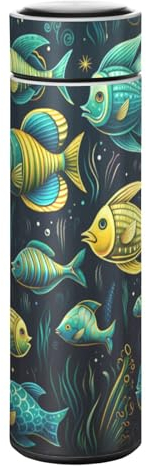 LINNIKEEEE Meeresmuster Grüner Fisch Thermosflasche aus Edelstahl - Auslaufsicher Wasserflasche Wasserkanne für Jungen Mädchen