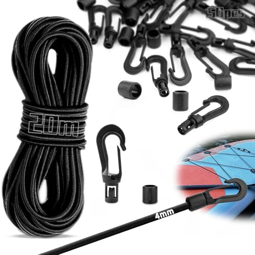 SWTYExt 20m Black Bungee Cords with Hooks Set Bungee Rope 4mm Elastic Rope 50pcs Plastic Hooks Heavy Duty Elasticated Rope for Trailer Tarpaulin Camping Pool Cover Tent Pole Bicycle Transport