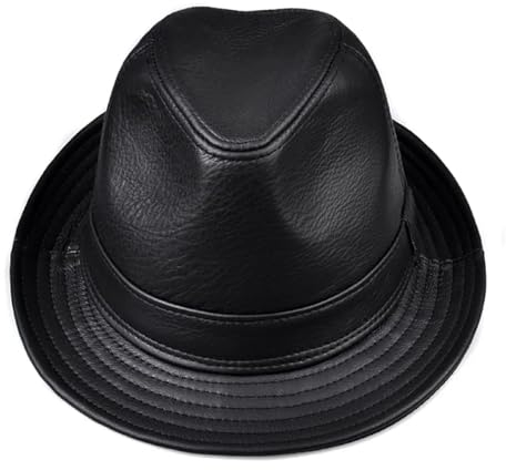 FULUJIDI Fedora Trilby Filzhut Hut Mann Leder Jazz Fedora Gentleman Haut Kurze Krempe Schwarz 55-56Cm Schwarz
