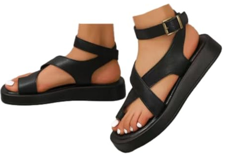 WINDEHAO Sandali da donna in vera pelle, con plateau, infradito, estivi, da spiaggia, sandali grossi (nero, 37EU)