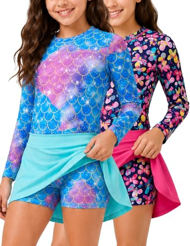 2er-Pack Mädchen-Badeanzüge für Kleinkinder, zweiteiliger Badeanzug, langärmeliger Rashguard mit Schwimmröcken, UPF 50+ Sonnenschutz, Set 4, 9-10 Jahre