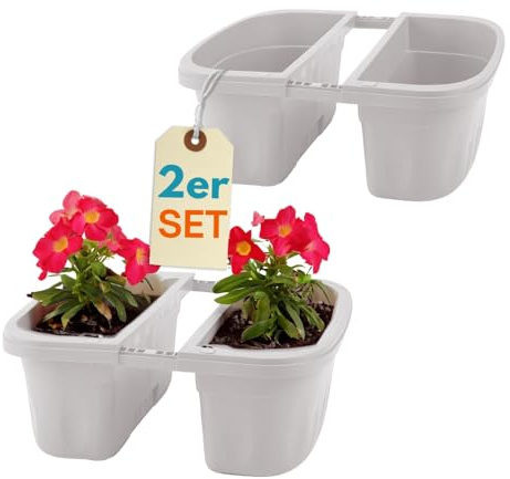 GarPet 2er Set Blumenkasten Balkongeländer Beidseitig Balkon Blumenkasten Doppelseitig Balkonkasten mit Halterung Geländerkasten mit Wasserspeicher Weiß 40 cm