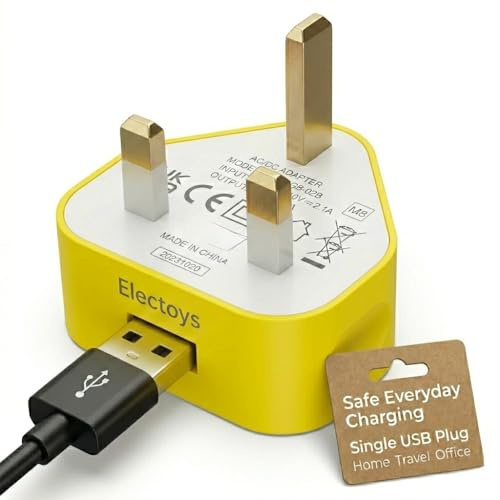 Electoys Single USB Plug UK - 5V 1A USB Plug - Fast Charger Plugs Head - UK 3 Pin Plugs With Cable Port - Main Wall Charging Adapter - Compatible with iPhone 7 8 XS Max XR 11 12 Samsung, Redmi, Huawei