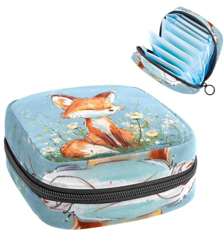 Anna Cowper Damenbinden Aufbewahrungstasche, Periodenbeutel für Schule, Teenager, Mädchen, Cartoon-Fuchs, tragbare Perioden-Tasche mit Reißverschluss, Damenbinden-Tasche, Tamponhalter für Geldbörse