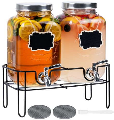 Bululuo Glass Drinks Dispenser for Parties, 2 PACK 1 Gallon Beverage Dispenser with Stand for Juice and Iced Tea, Water Jug Dispenser for Lemonade, Party Essential Beverage Pitcher with Spout