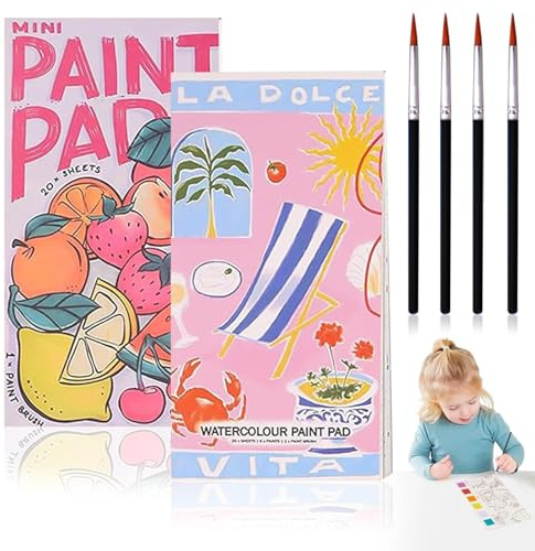 Mini Watercolour Paint Pad 2Pcs,7.48×3.93 in Art Pad Portable Travel Paint | Watercolor Coloring Book Set with 4 Paintbrush Cute Watercolor Paints Set Travel Colouring Books for Kids Adults