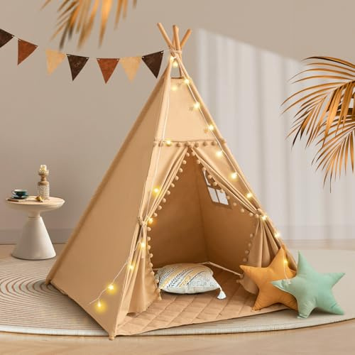 WIRHAO Tienda de campaña tipi para niños con alfombrilla, lona de algodón con pompón para niños pequeños, tienda de campaña de juego interior para niñas y niños con luces de estrellas, bolsa de