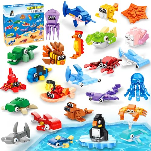 XIMISHOP Mini Building Blocks Party Favors for Kids，25 Packs Mini Animal Building Blocks Set Tiny Marine Ocean Building Toys for Unisex Kids Classroom Prizes Rewards Gifts Exchange Goodie loot