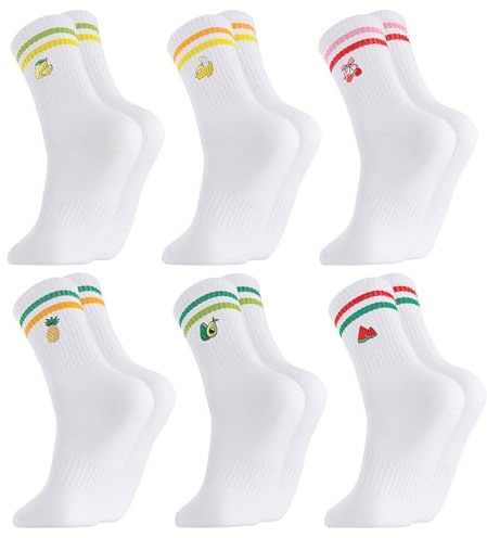 Utensilsto 6 Paar Weiß Tennissocken Socken Damen & Herren mit Streifen Crew Socks mit Motiv, EU 39-42 Sportsocken mit Fruchtmuster, Sport-Socken Atmungsaktive Arbeitssocken