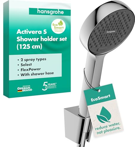hansgrohe Activera Select S - Duschset mit Duschkopf wassersparend (EcoSmart, 2 Strahlarten), Duschschlauch (1,25 m) und Duschkopfhalterung, Chrom, 28052000
