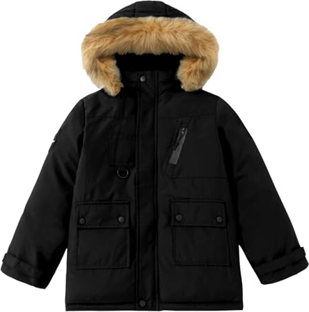 Happy Cherry Bambino Ragazzo Cappotto Invernale Giacca Imbottito Caldo con Pelliccia Cappuccio Rimovibile Stile Parka Antivento Nero per 9-10 Anni