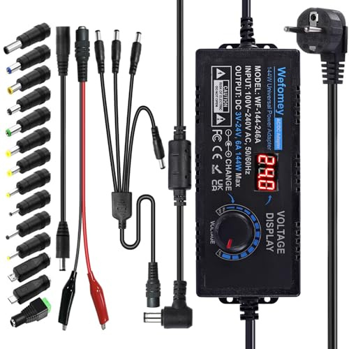 3V-24V 6A 144W Einstellbares Netzteil Universal Netzteiladapter Verstellbarer Netzadapter 100V-240V AC to DC mit LED Spannungsanzeige und 14 Tipps für Haushaltselektronik, 6000mA Max