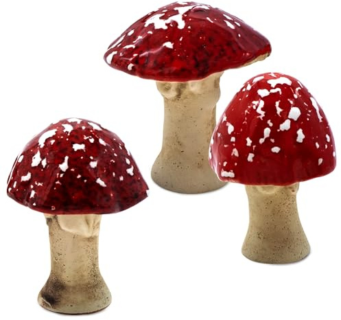 Spetebo Steingut Deko Pilz Gartenfigur 6 cm zum Hinstellen - 3er Set - Fliegenpilz Dekofigur zur Herbstdeko - Gartendeko Pilzfigur Waldpilz Dekofigur Gartenfigur Blumentopf Aufsteller wetterfest