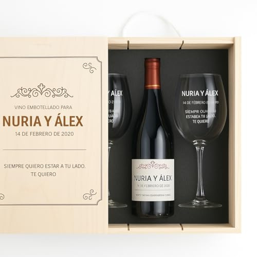 CALLE DEL REGALO Kit de Vino Personalizado con Copas de cristal, Caja de madera grabada, y Botella de vino | Kit personalizado para pareja