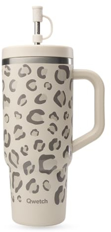 QWETCH – Travel Cup 900 ml con pajita y asa – 48 h helado / 12 h frío – Botella isotérmica de acero inoxidable reciclada – Taza con tapón de rosca antisalpicaduras – Taza termo – Leopard Arena