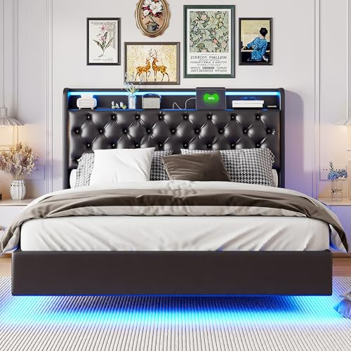 LLODERY Polsterbetten Doppelbett 140x200cm mit USB und Typ-C Aufladung, Schwebebett mit LED-Licht, Bettgestell mit Lattenrost und Stauraum, Metallbett, Geeignet für Matratzen 20-25cm,PU Ohne Matra