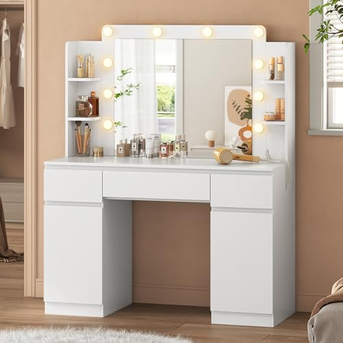 AOGLLATI Dressing Table with Mirror, 10 LED Light Globes Adjustable Brightness Vanity Desk with Power Outlets, 4 Shelves 3 Drawers and 2 Cabinets Modern Makeup Desk for Bedroom Dressing Room