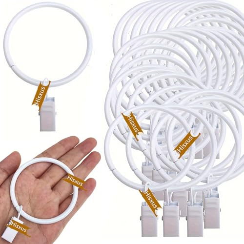 Hisxus 40 Stück weiß 25mm Gardinenringe für Gardinenstange, rostfreie Gardinenklammerringe-Metall-Vorhangring mit Clips, dekorativer Vorhang, Kleiderbügel für Badezimmer, Wohnzimmer und Gä