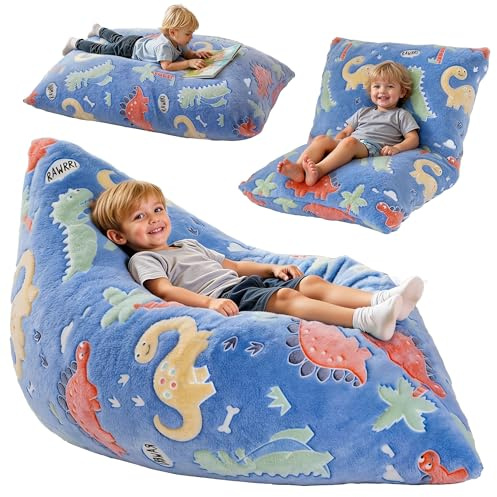 BRINJOY Kids Bean Bag Chair Bed, 3 in 1 Memory Foam Filled Bean Bag Sofa with Removable Cover for Playroom Daycare Bedroom, Toddlers Lazy Floor Mattress Lounger for Boys Girls, Glowing Dinosaur