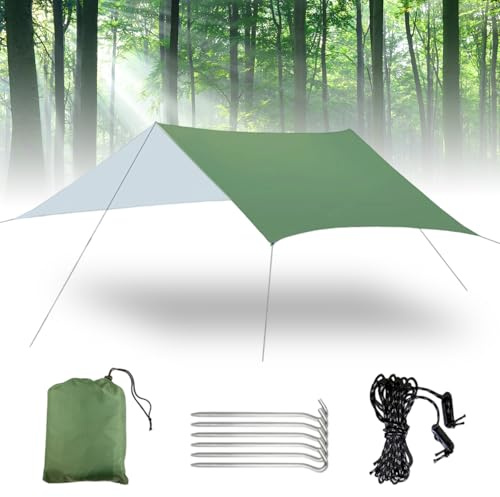 VEGOATY Lona impermeable 3 x 3 m: lona para tienda de campaña con 6 cuerdas y 6 pasadores de aluminio, protección UV, ultraligera, con ojales, para camping, pícnic, senderismo, hamaca (verde)