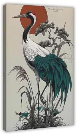 BFTIUTG Póster de lienzo con diseño de grulla japonesa, arte oriental de pájaros, decoración de dormitorio, paisaje, oficina, habitación, regalo, 20 x 30 pulgadas (50 x 75 cm)