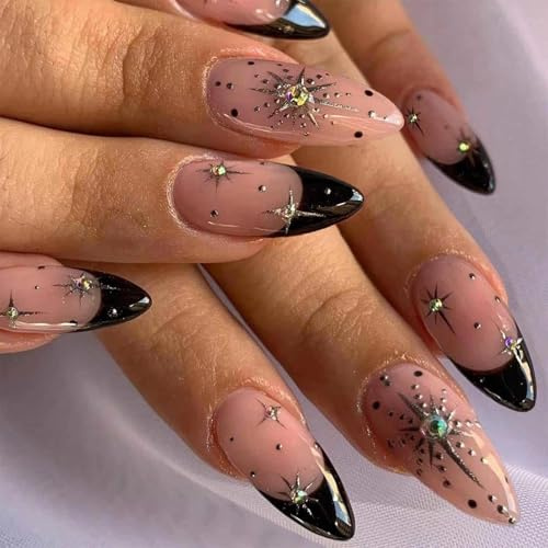 KNUIUYY 24 Faux Ongles Amande, French Manucure Bord Noir avec Étoile 3D, Ongles Artificiels Courts en 12 Tailles, Manucure Acryliques Moyens pour Femmes et Filles