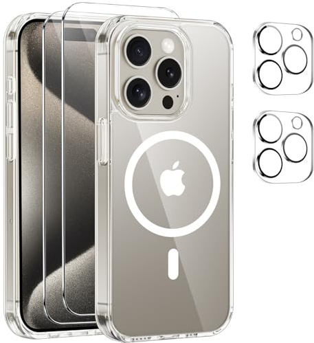 Magnetic Cover per iPhone 15 Pro Max Compatibile con 2 vetri temperati e 2 vetri per fotocamera, Trasparente TPU Bumper Shockproof Compatible Magnetic Cover per iPhone 15 Pro Max - Trasparente