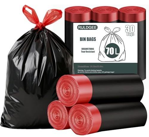 RULDGEE Heavy Duty Bin Bags 70L Bin Liners Black 30 Counts Waste Bags with Drawstring Handles