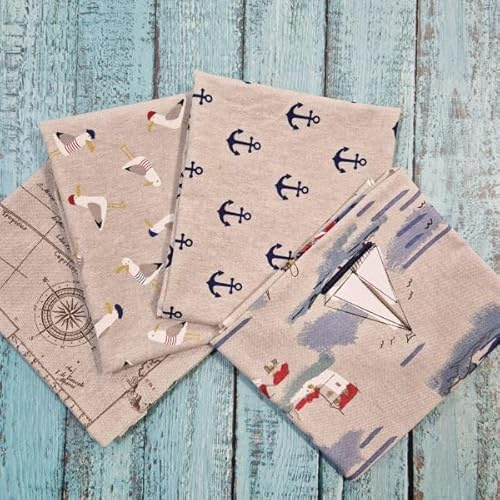 Maritimes Stoffpaket Küstengruß 4er Set – Baumwollstoff mit Anker, Möwen & Küstenmotiven – 50 x 70 cm je Stoff – Ideal für Taschen, Kissen, Patchwork, Quilten & DIY