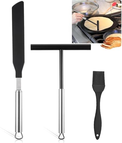 Ousuwo 3Pcs Crepe Maker Accessories Set, Stainless Steel T- Shaped Dough Distributor and Silicone Spatula for Home Kitchen Baking Cooking