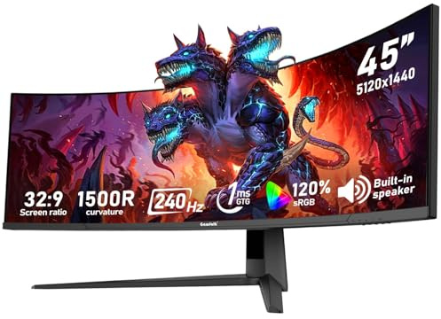 Gawfolk 45 inch Ultra-Wide Curved 1500R Gaming Computer Monitor, DQHD(5120×1440) PC Screen, 240Hz, 1MS, FreeSync, 120% sRGB, Built-in speaker, HDMI2.1 & DP1.4, Wall-mounted compatible 100*100mm-Black