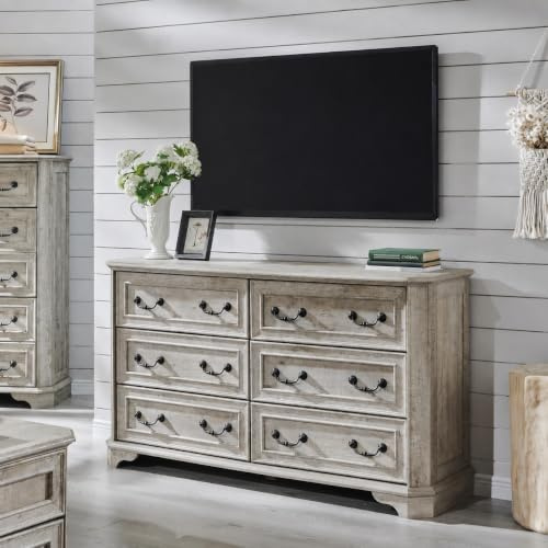 AetherWood Landhaus Kommode mit 6 Schubladen für Schlafzimmer, 137 cm breite rustikale Holzkommode mit natürlicher Textur, Vintage Design, Sideboard Organizer für Wohnzimmer, Hell Rustikale Eiche