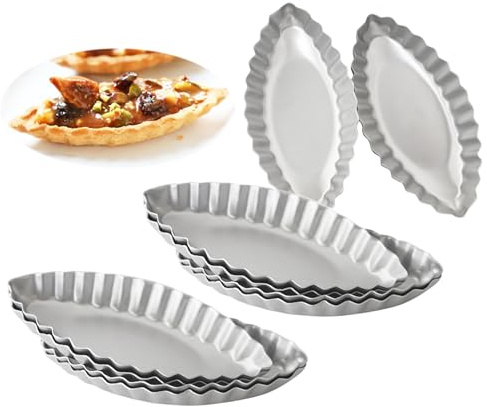 Fyozyon 10PCS Aluminum Boat Tart Pan, Fluted Oval Tart Mold, Small Boat Shape Baking Mold, Wavy Tartlet Pie Pans, Pudding Molds Flower Edge Trays Specialty Design (Bigger Size 4.7)